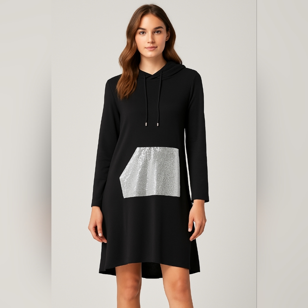 🇨🇦 Pure Essense M Bamboo Blend Black Hoodie Dress With Silver Sequin Pocket